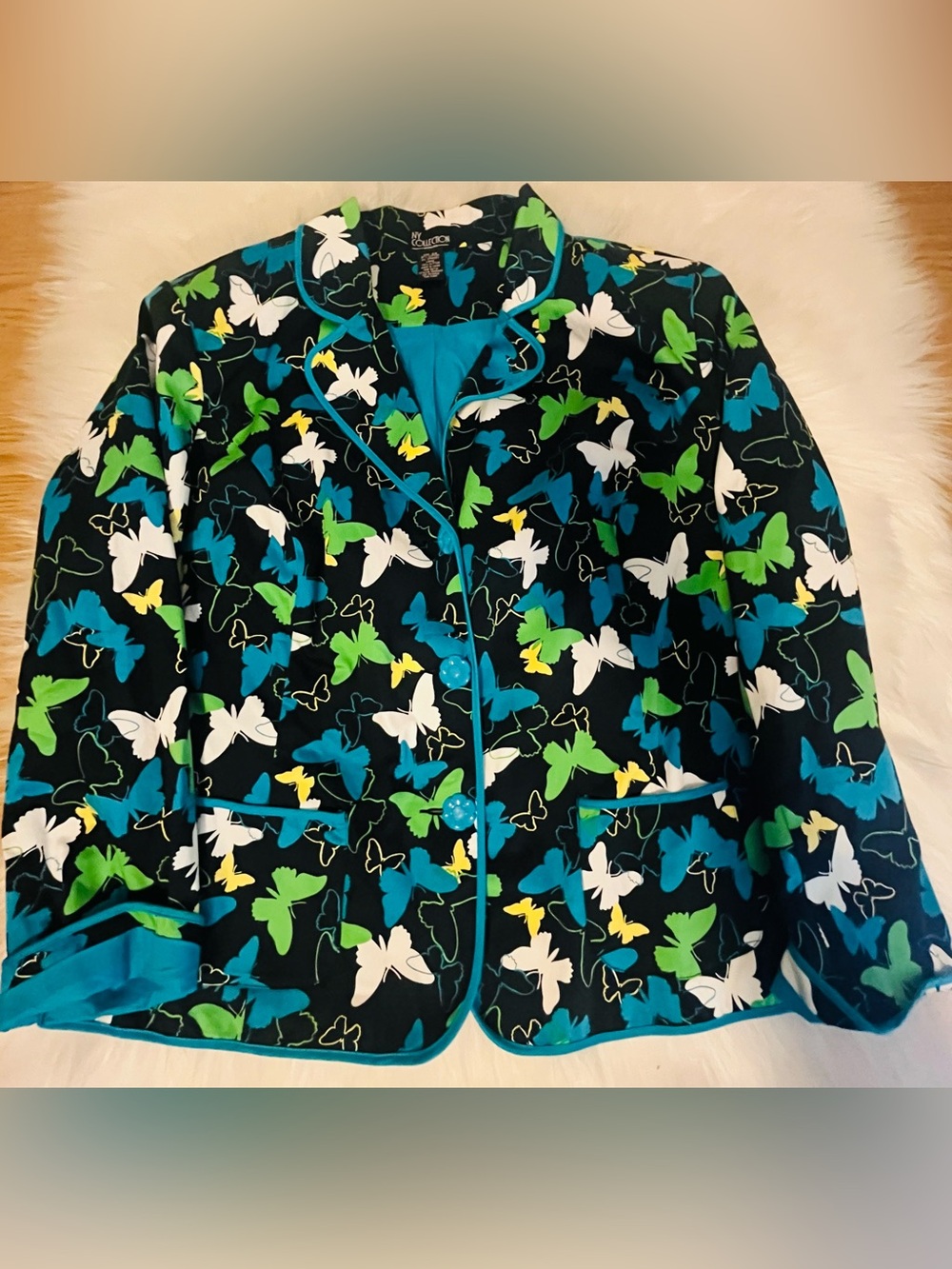 NY Collection Women’s 2X Multicolor Butterfly Print Button Front Blazer